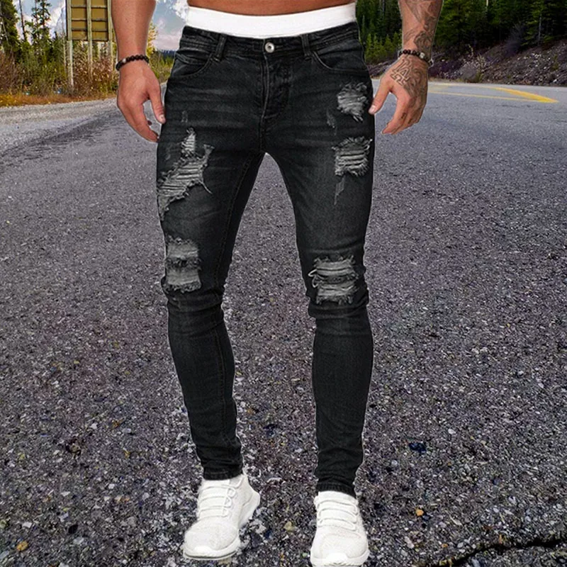 Classic Men Jeans Black Ripped Pencil Pants Spring And Summer Casual Sports Elastic Solid Color Jeans Fashion Boyfriend Leggings