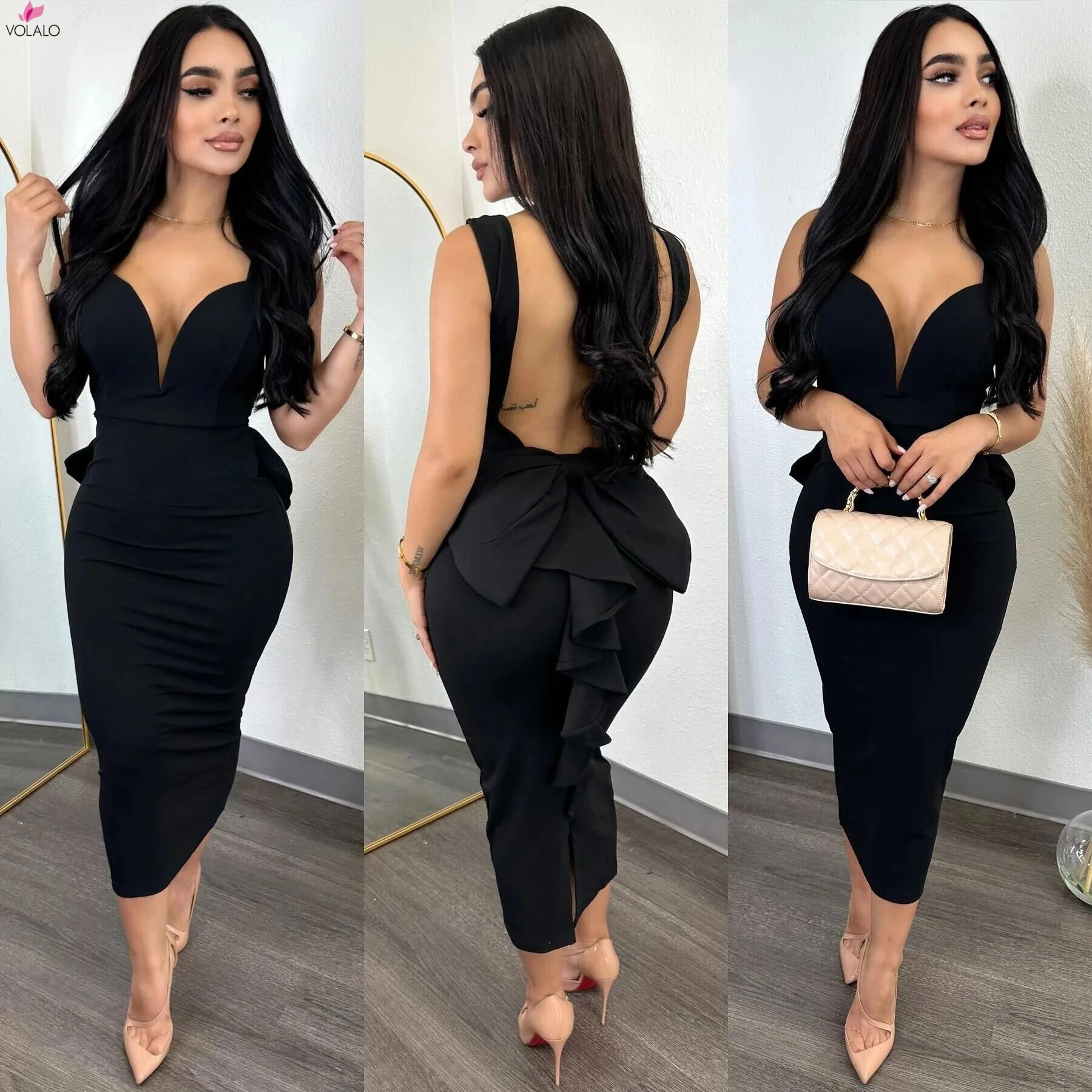 

VOLALO Women Summer Sexy V Neck Backless Black White Mesh Mini Bodycon Bandage Dress Elegant Evening Celebrity Party Club Dress