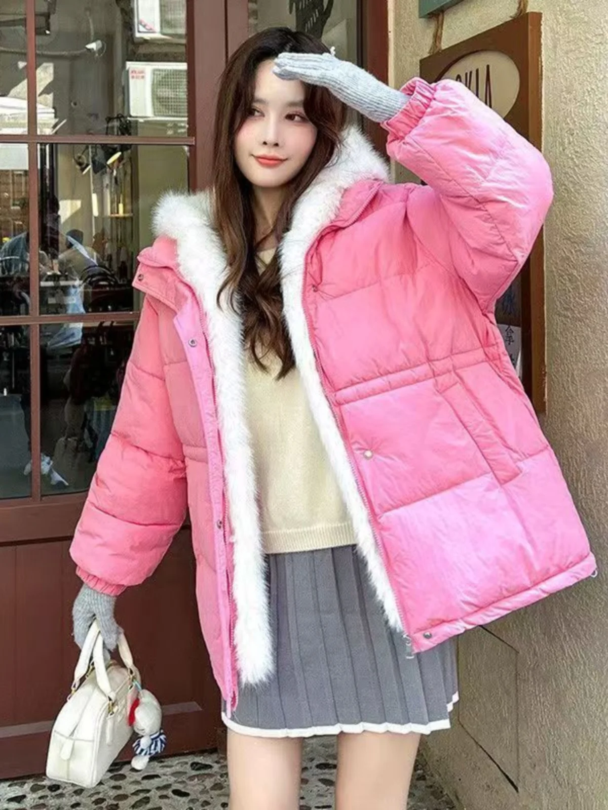 

High-End Faion Hooded Winter Jaet Women's Thiened Fce Warm Outerwear Trendy Cotton Clothes Casual Loose Fit