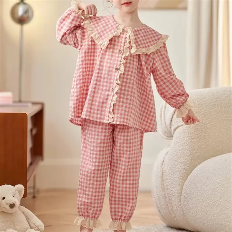 Girl's Plaid Cute Pajamas Baby Autumn Outfit New Little Girl Princess Home Clothes Long Sleeved Set Two-piece Set Trendy