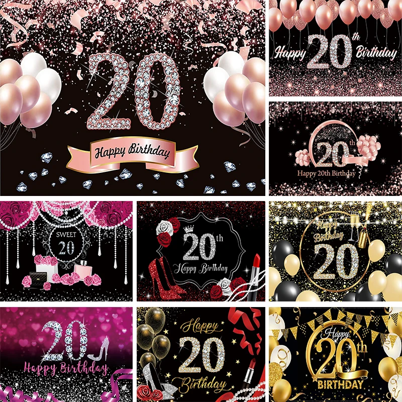 

Happy 20th Birthday Backdrop 20 Years Old Woman Man Party Twenty Decoration Anniversary Photo Background Photography Banner Prop