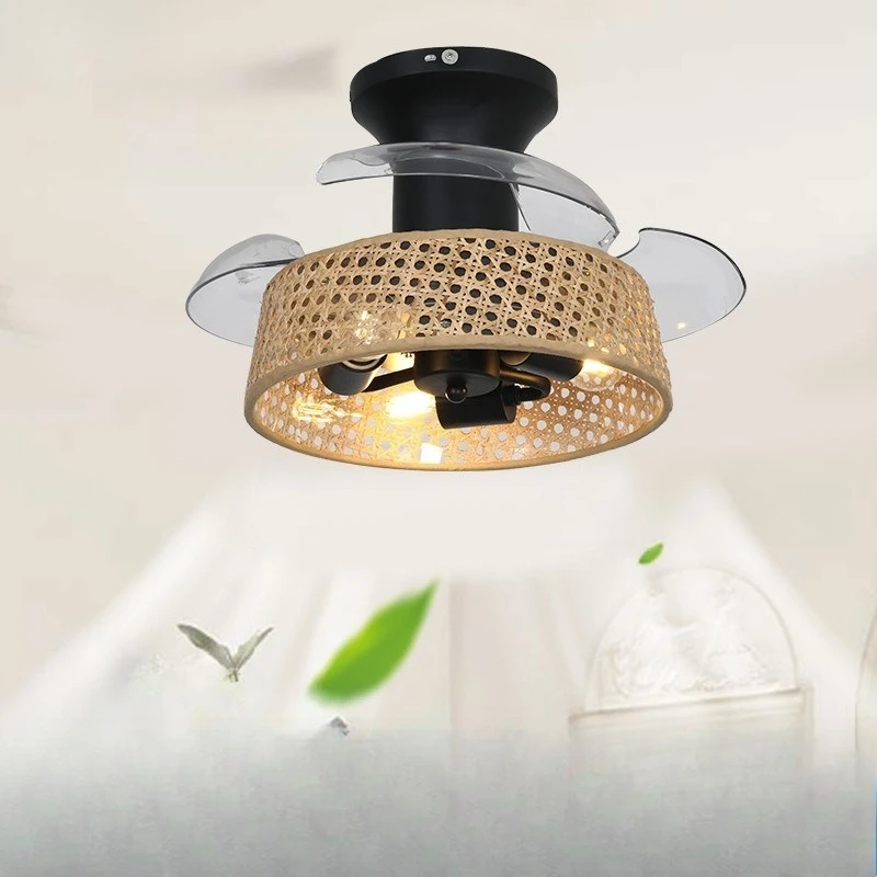 Japanese Retro Rattan Ceiling Fan Lights Dual-purpose Suction Hanging Household Bedroom and Dining Room Specific Fan Chandeliers