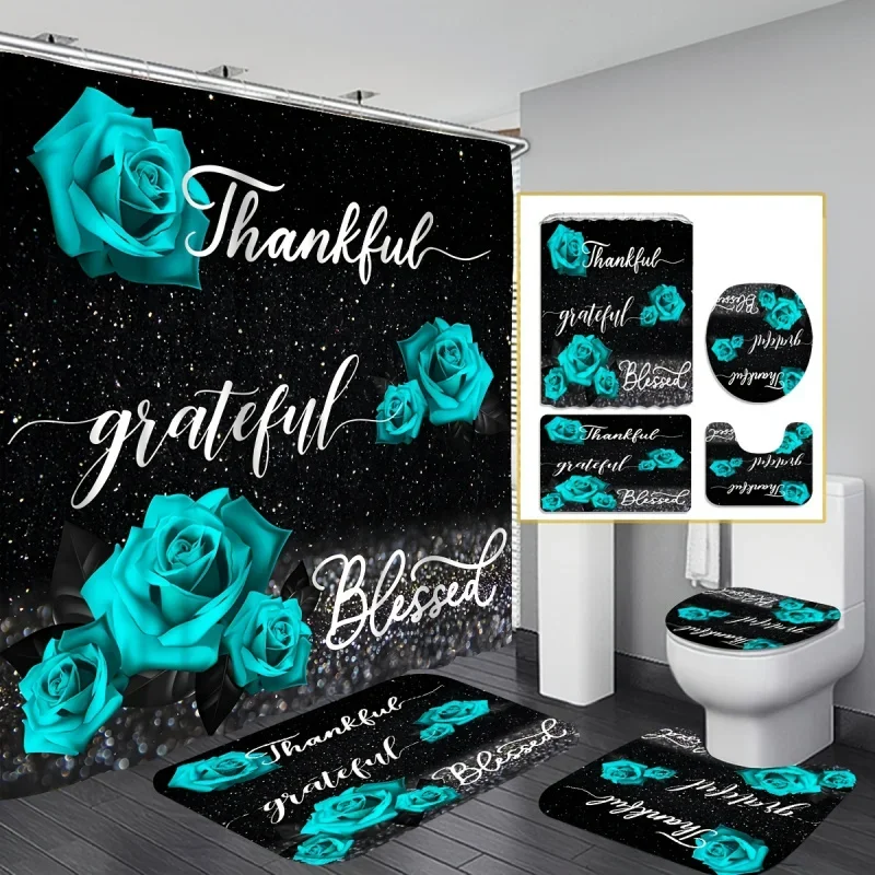 

4 шт., набор занавесок для душа с принтом зеленой розы, водонепроницаемая занавеска для перегородки в ванной комнате с крючками, нескользящий коврик для ванной, U-образная форма