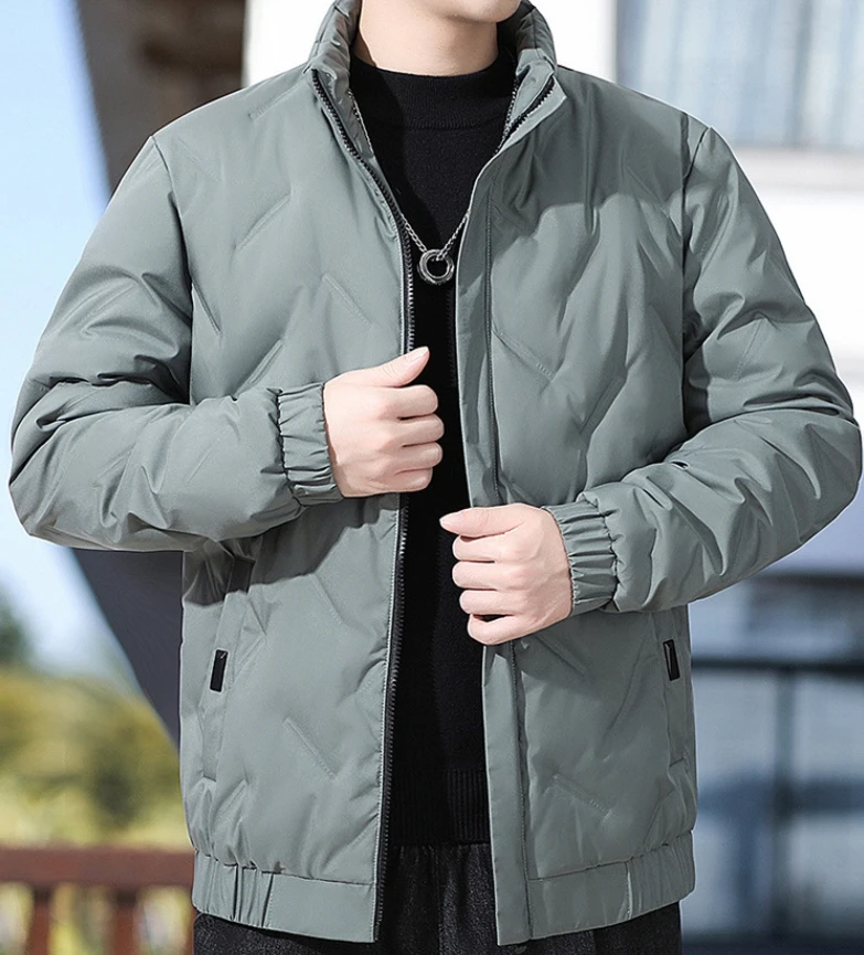 Jaket bulu angsa bermotif berlian kerah berdiri pria, tahan angin, hangat, ringan, jaket slim fit, atasan kasual serbaguna