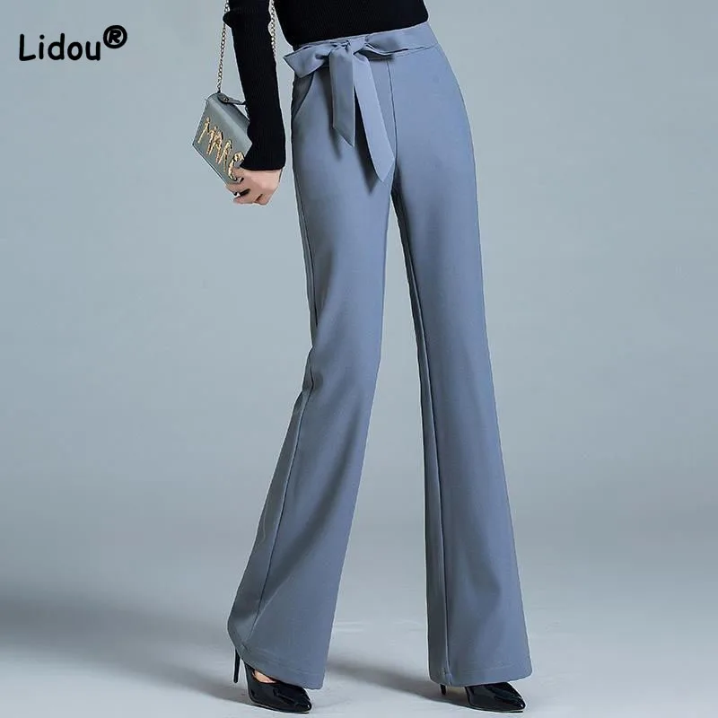 

Simplicity Commute High Waist Lace Up Spliced Pants All-match Elegant Solid Color Slim Flare Trousers Fashion Women's Clothing