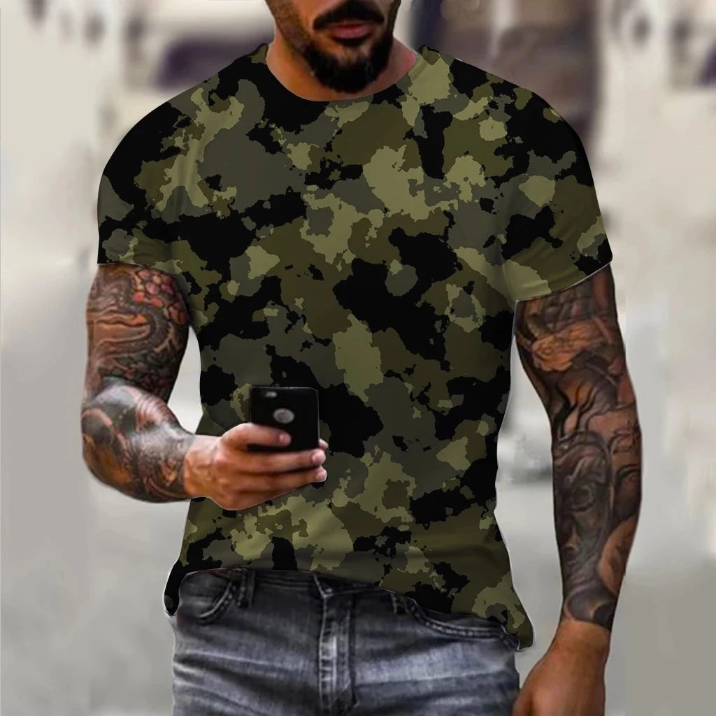 Fashion New Vintage Men\'s Army Camo Stripe Pattern Printed Top T-shirt Popular Harajuku Round Neck Comfortable Short Sleeve