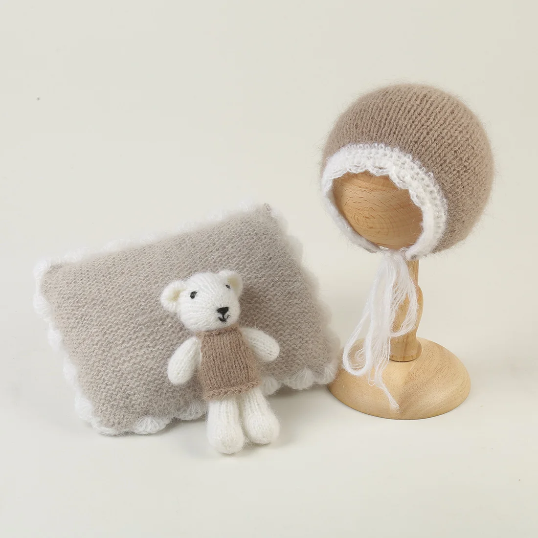 Knitted Angora Teddy Bear Toy And Bonnet Set Newborn Photography Props Crochet Animal Fill Doll Mohair Hat Photo Shoot