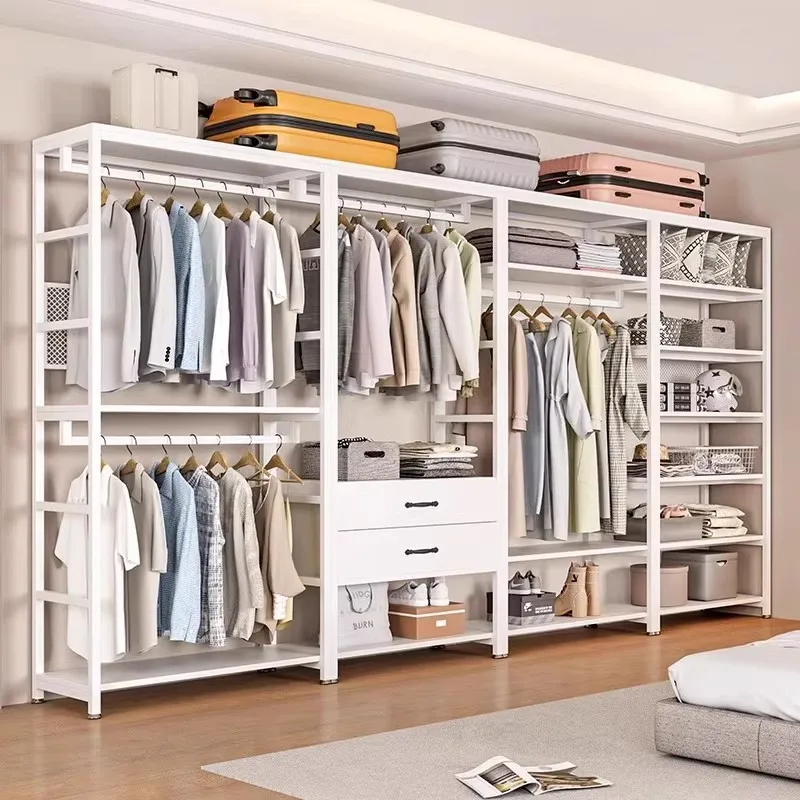 Walk-in cloakroom shelf assembly hanger floor combination coat rack wrought iron multi-functional open wardrobe