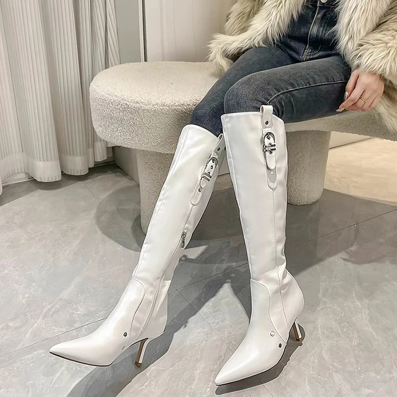 

New Side Zip Pointed Toe Knee-High Boots Women High Heels Women Knights Boots Fashion Party Long Boots Female Botas de mujer