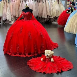 ANGELSBRIDEP Kırmızı Quinceanera elbiseleri Balo Dantel Aplikler Pelerin Ile Tatlı 16. Doğum Günü vestidos de 15 Años Parti Elbise