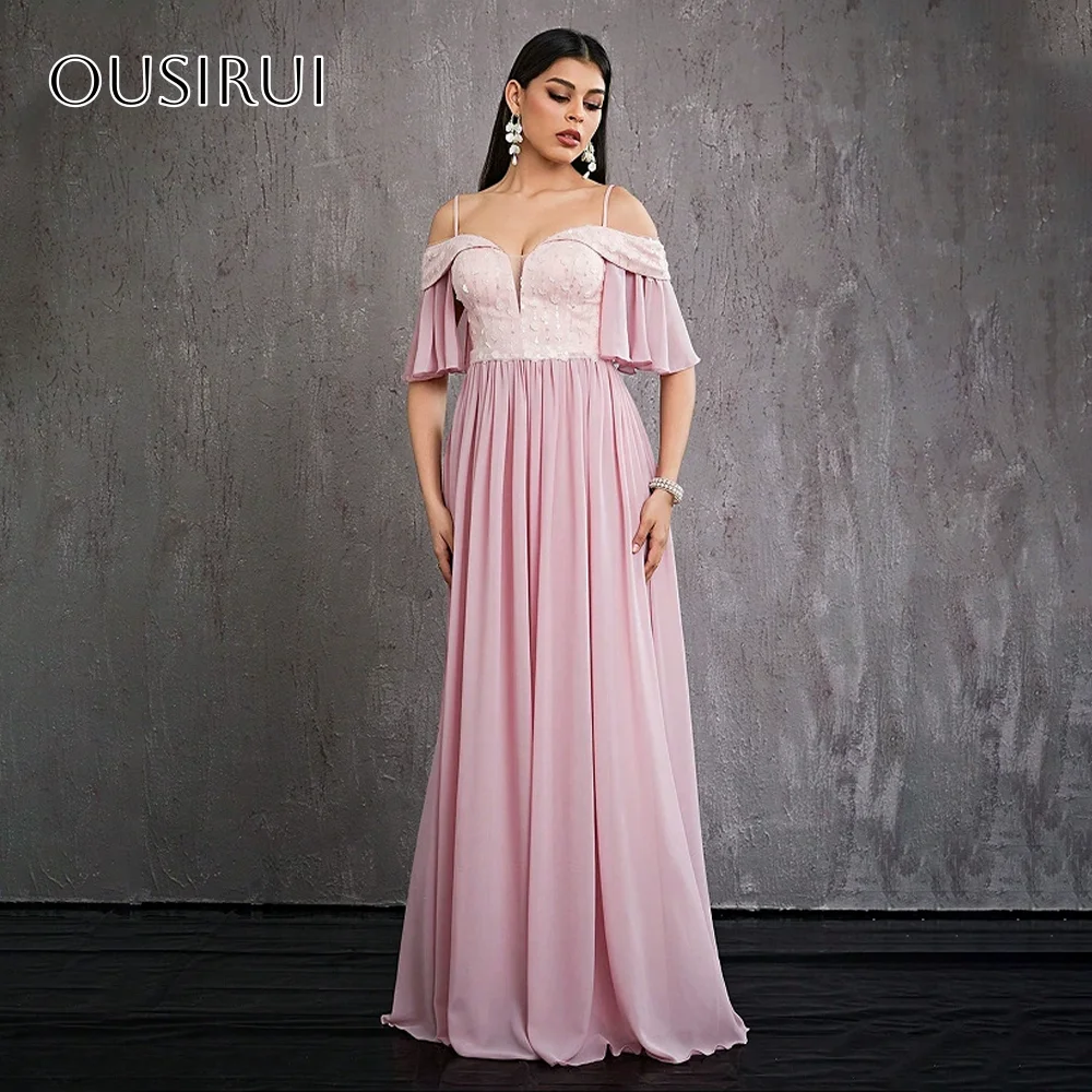 

Вечернее платье трапециевидной формы на тонких бретельках с короткими рукавами длиной до пола, расшитое блестками шифоновое платье по индивидуальному заказу فساتين حف культуры премиálhibi