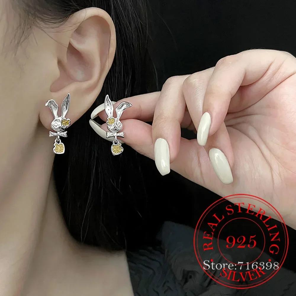 925 Sterling Silver Bow Bunny Color-blocking Stud Earrings For Women 2024 Korean Wedding Party Jewelry Gift Female Pendientes