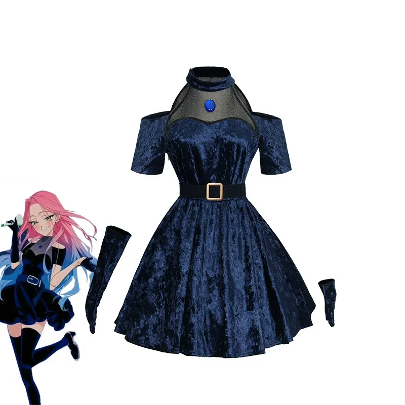 Mizi コスプレアニメエイリアンステージ衣装ダークブルードレスピンクブルーロングヘア手袋ストッキングベルトセット制服クリスマス用
