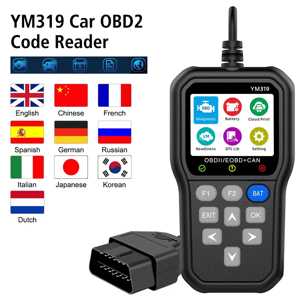 Car Diagnostic Tool Battery Tester YM319 OBD2 Scanner Read Vehicle Information Check Engine System Multi-language Code Reader