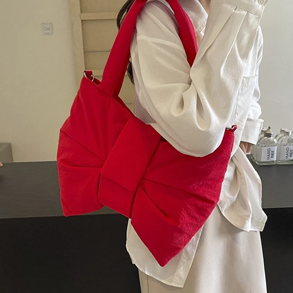 الكورية نمط Ruched Bowknot حقيبة كتف سعة كبيرة لينة النايلون مبطن حمل حقيبة التنقل القطن مبطن حقائب كروسبودي امرأة