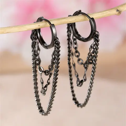 Hip Hop Punk Long Tassel Metal Chains Hoop Earrings For Women Men Vintage Black Rose Gold Silver Color Earring Jewelry Accessory