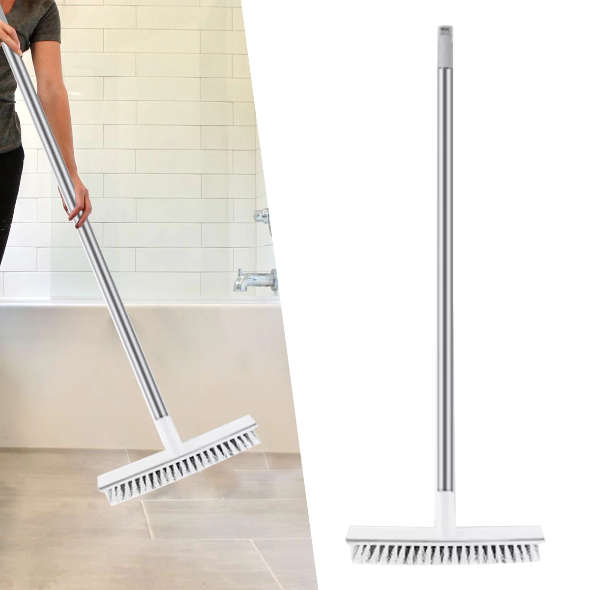 

Useful Multi-Purpose Floor And Wall Cleaning Brush Bathroom Windows Tile Cleaning Brush With Scraper Long Handle Scrubbing Tool