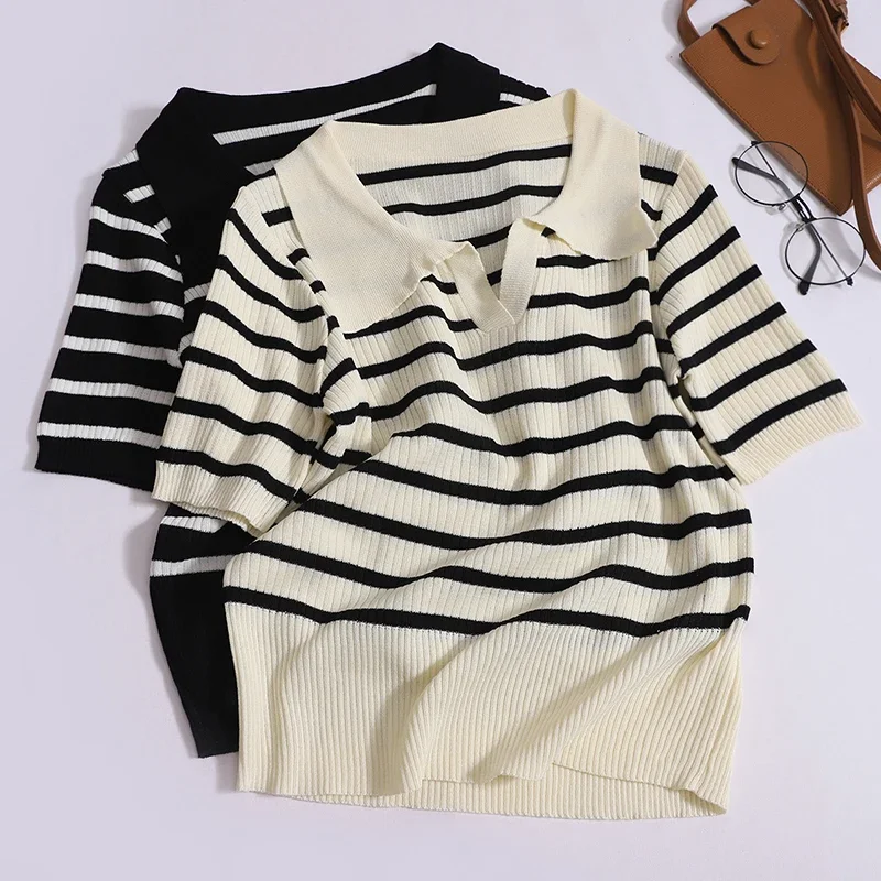 Women Casual Polo Collar Short Sleeved T-shirt Summer Versatile Contrast Color Stripe Thin Tops Elastic Slim Pullover Knit Tees