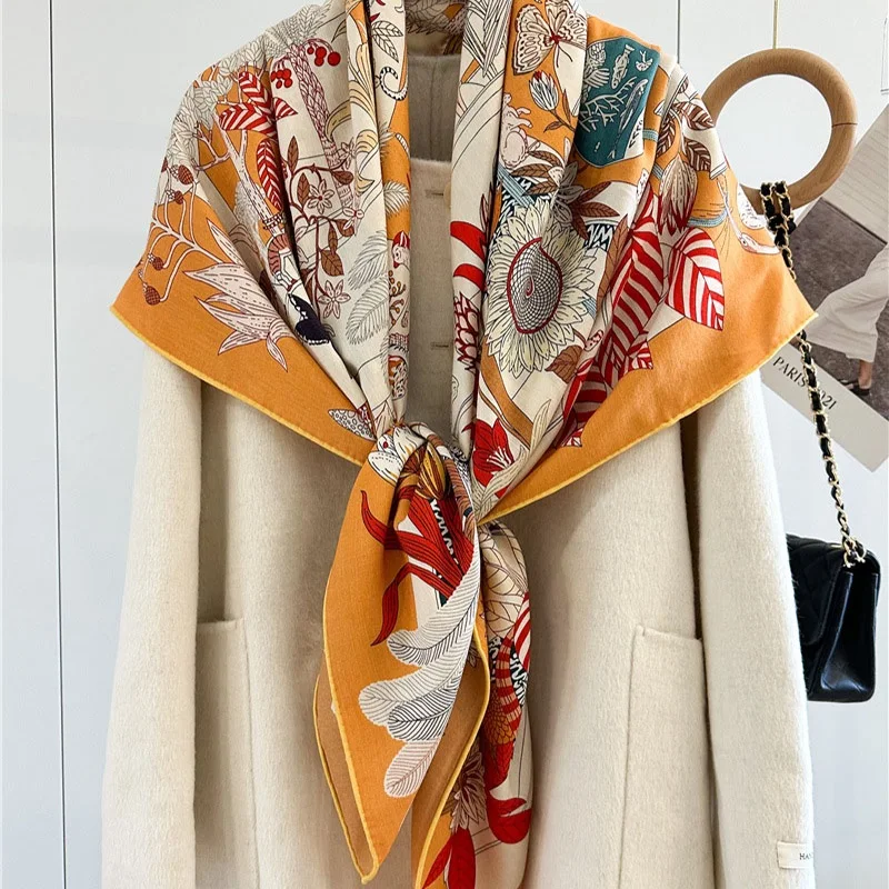 Large Square Wool Blanket Scarf Shawl Poncho 2024 Women Autumn Winter Wool Scarves Foulard Wraps Double Sided Printing 132x132CM