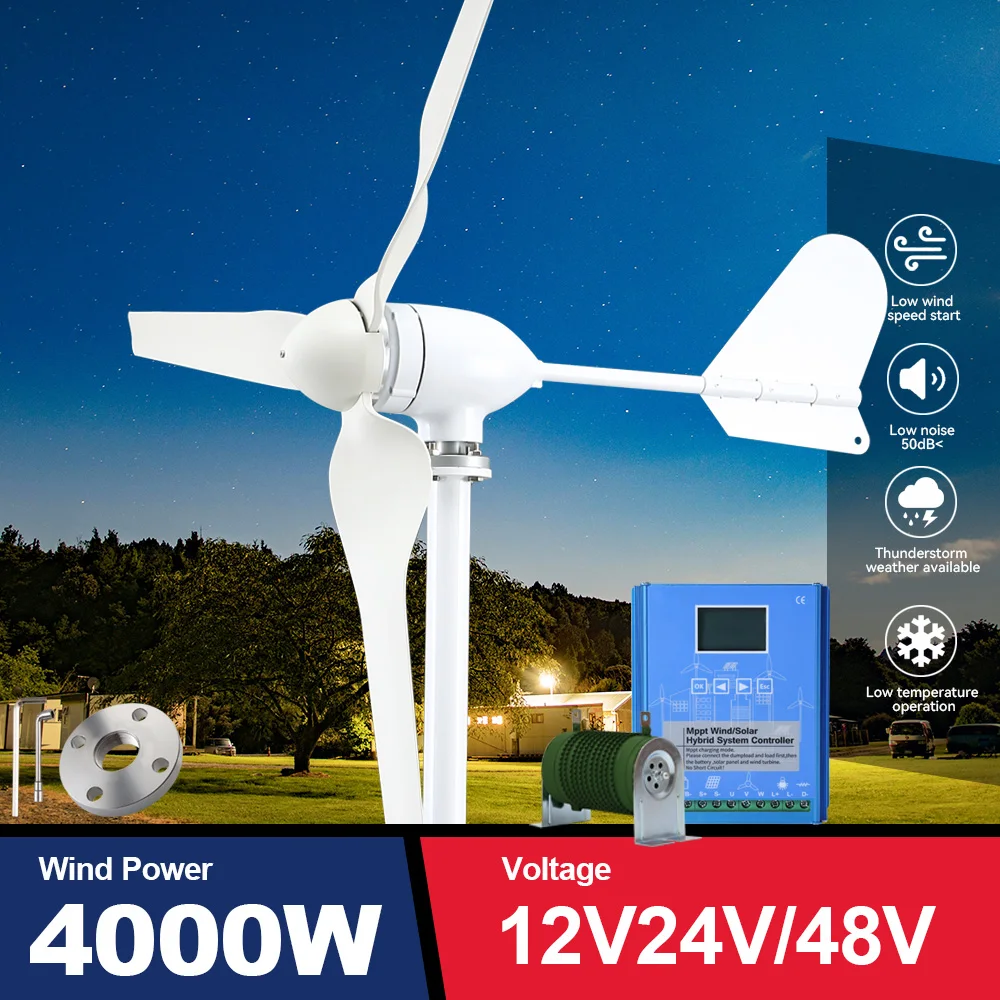 

Wind Turbine Generator 4KW Energy 3 Blades 12v 24v 48v With Mppt/Hybrid Charge Controller Small Windmill For Yacht Farm Home Use