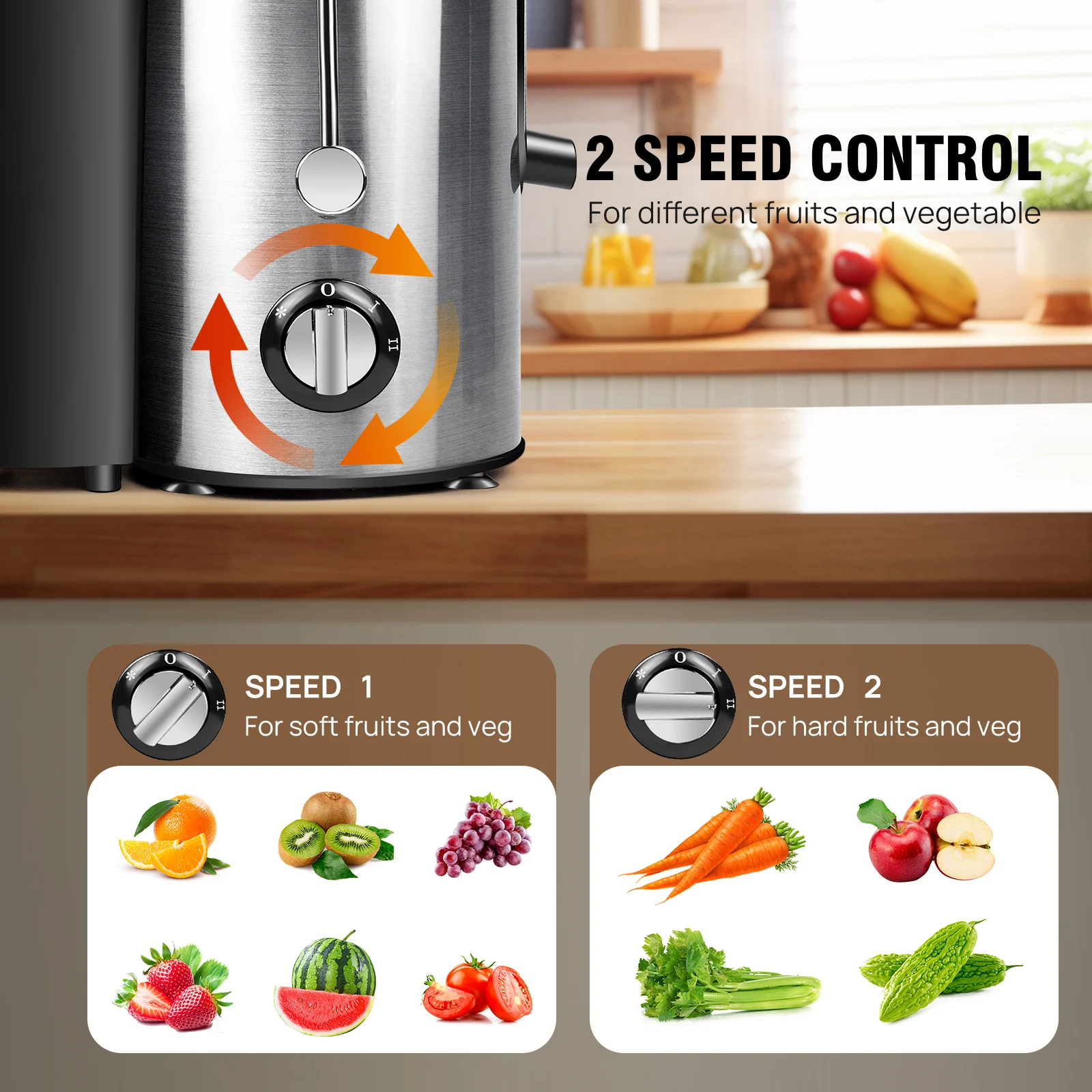 BRIEFNESS JuicerFruit & Vegetable JuicerCompact Juicer 3 Speed Controls500mlDrip Stop FunctionEasy to Clean