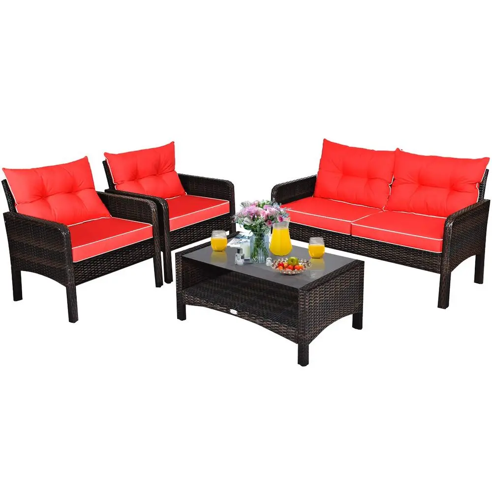 4 Pieces Wicker Conversation Set, Outdoor Rattan Furniture Red