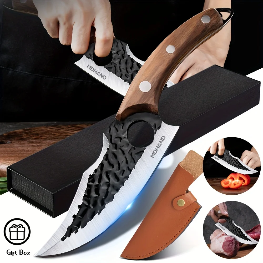 KEPEAK Coltello vichingo multifunzionale con fodero Coltello per disossare forgiato a mano con confezione regalo Coltello da cuoco per mannaia da cucina giapponese