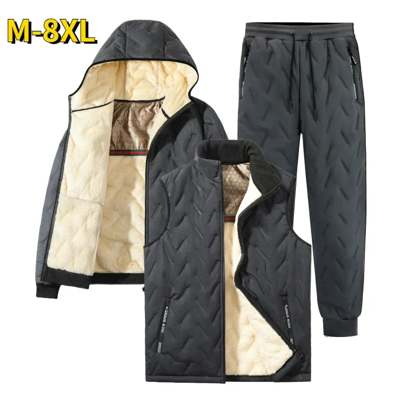 Mens Tracksuit Set Fashion Jogger Winter Graphene Fleece Warm Hooded Jacket Vest + Pants 3 Piece Male Casual Running Sports Suit