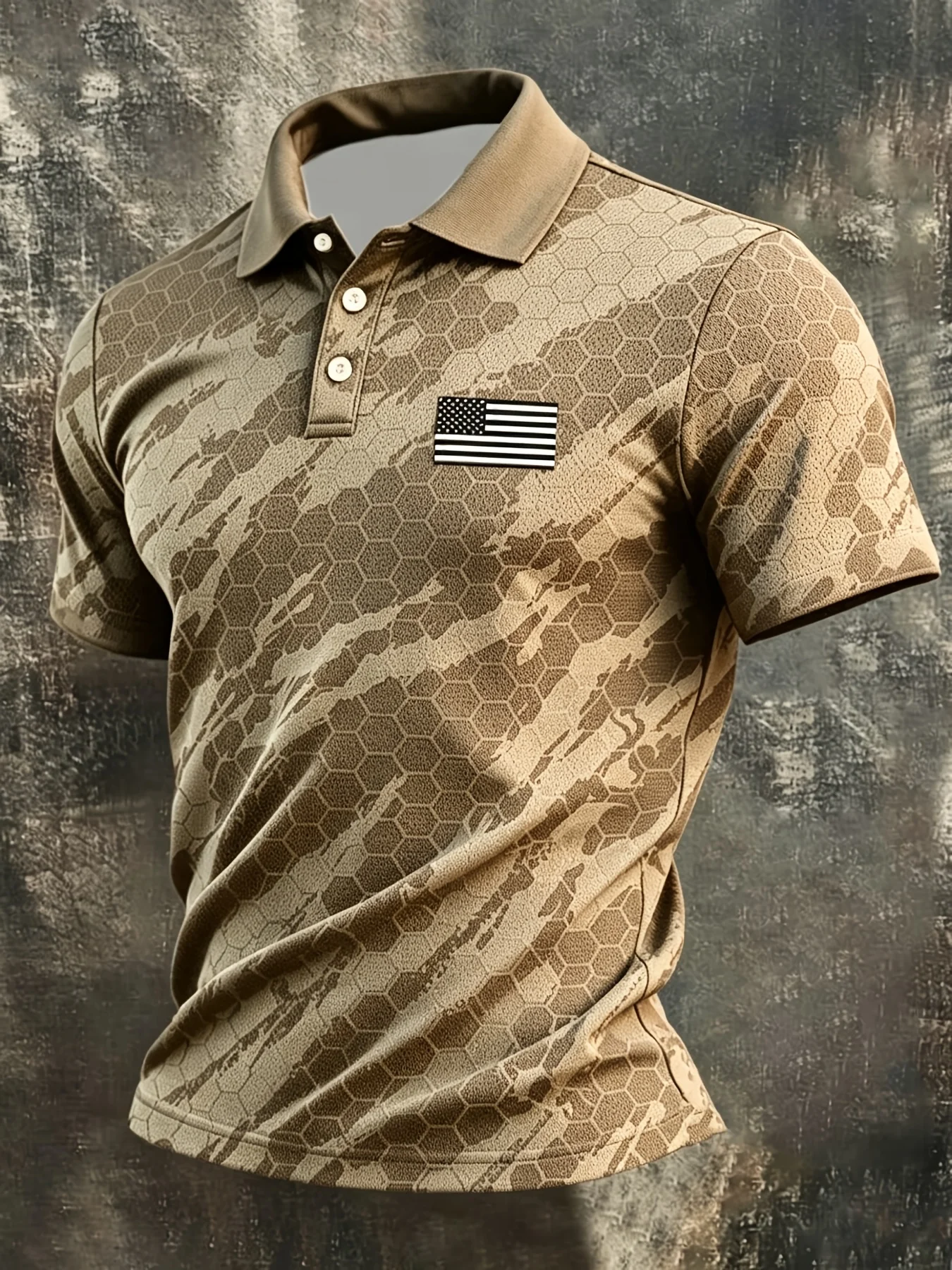 

Men's Tactical Polo Shirt Black Grey Honeycomb Camo Us Flag Print 250th Anniversary Quick Dry Short Sleeve Casual Top for Riding
