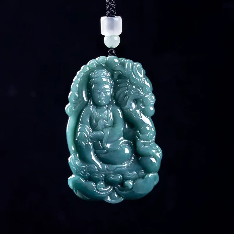 Natural A Grade Blue Water Jadeite Guanyin Pendant Dragon Riding Kwan Yin Amulet Necklace Hand Carved Lucky Protection Charm