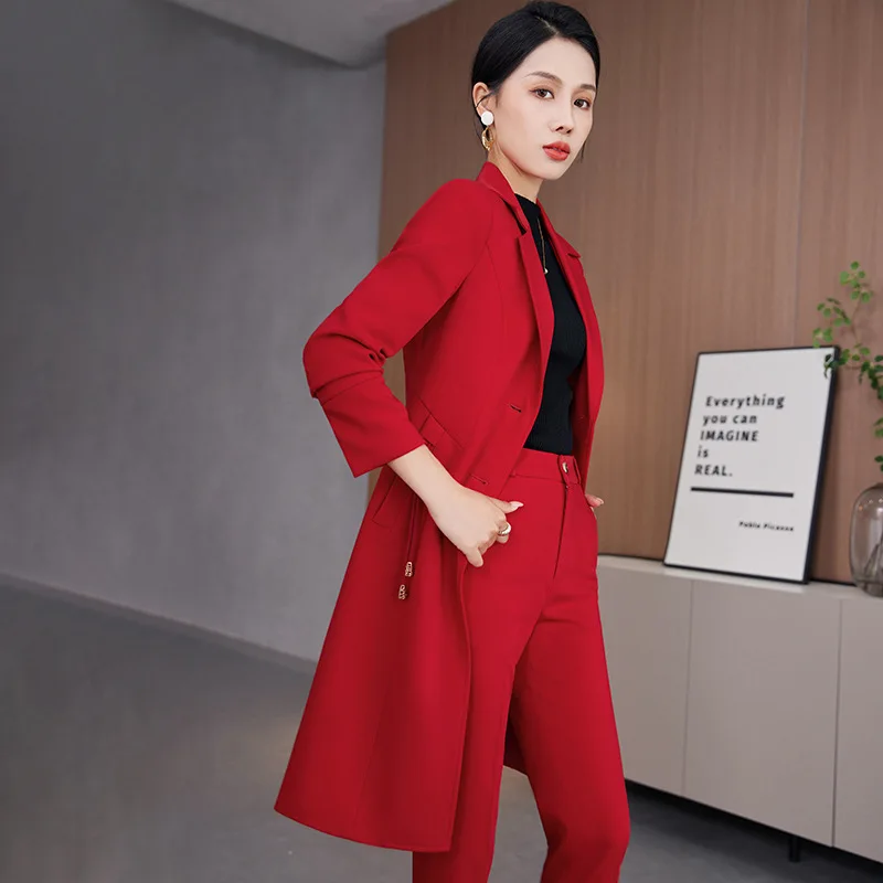 Formal Business Suits Female Pantsuits Middle Long Windbreaker and Pants Professional Jackets Coat Tops Outwear Ladies Blazers