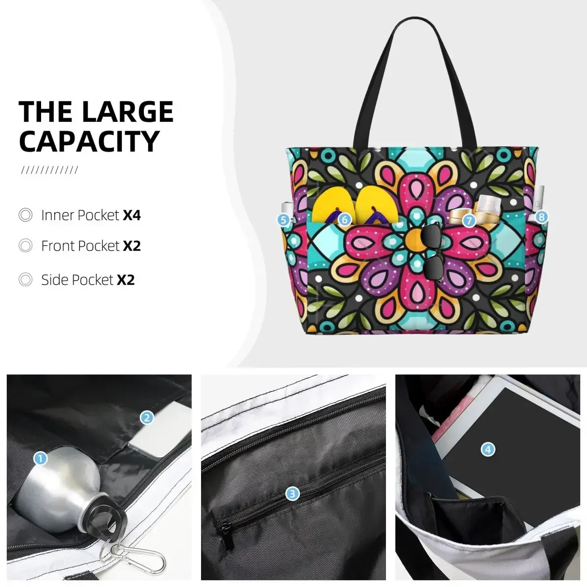 Bolsa de viaje de playa con Mandala Floral de estilo mexicano, bolso de mano con personalidad, bolso de hombro de viaje práctico, patrón multiestilo