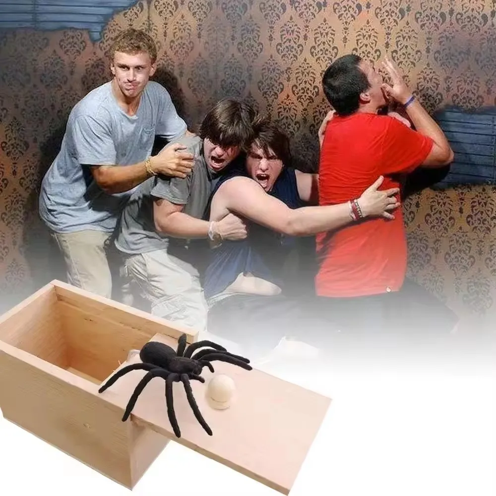 Houten Spider Prank Box Grappig Speelgoed Verrassing Spider Scare Box Gag Joke Trick Speelgoed voor Volwassen Kind April Fool Party Props Prank Geschenken