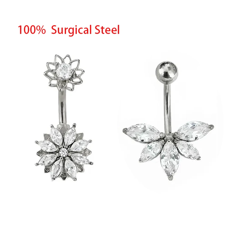 Full Stainless Steel Flower CZ Belly Piercing Jewelry Bellly Button Ring Navel Piercing Set Body Piercing Nombril Lot