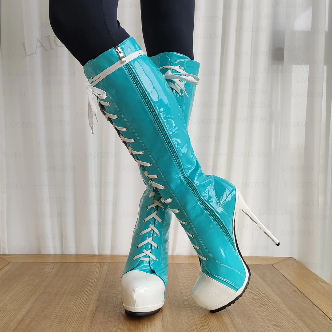 

LAIGZEM Women Knee High Boots Platform Stiletto High Heels Tall Boots Shiny Handmade Ladies Shoes Woman Plus Size 41 44 46 50 52