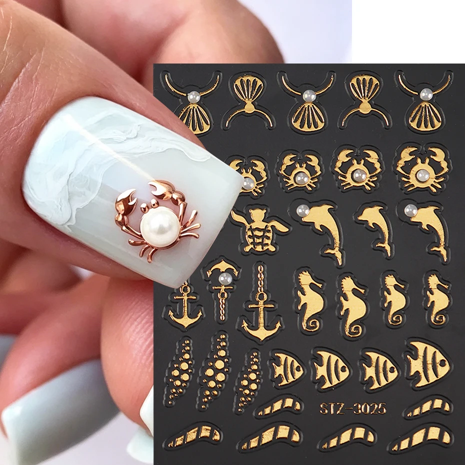 Summer Ocean Nail Art Stickers Cute Crab, Turtle, Seahorse, Fish Series Marine Organisms with Rudder Pattern Nail Decal Decor