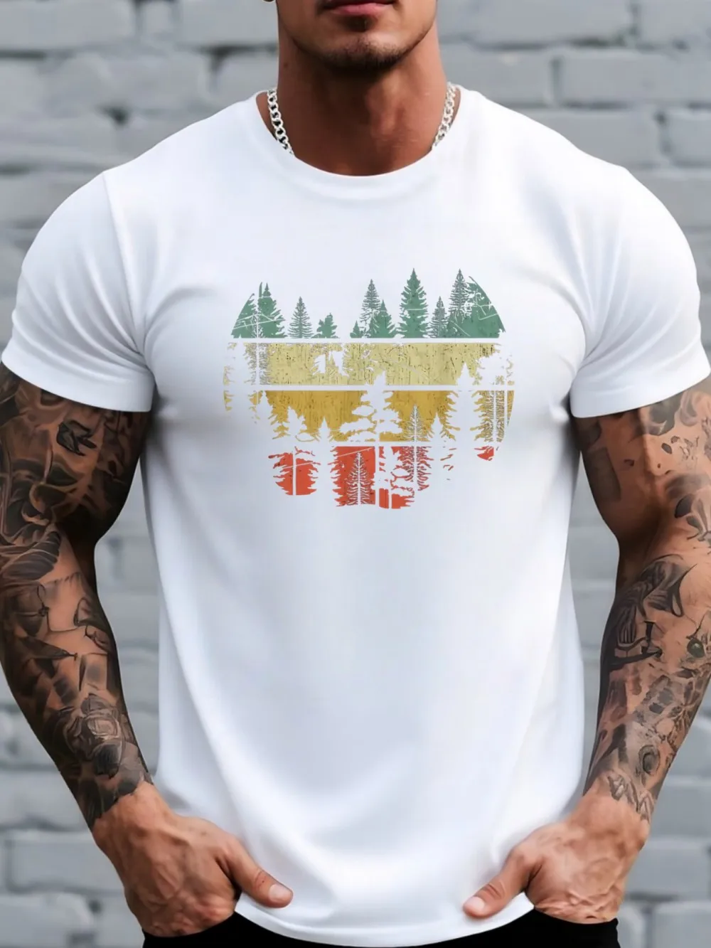 European and American men's summer retro forest landscape print soft and breathable round neck T-shirt outdoor casual style top