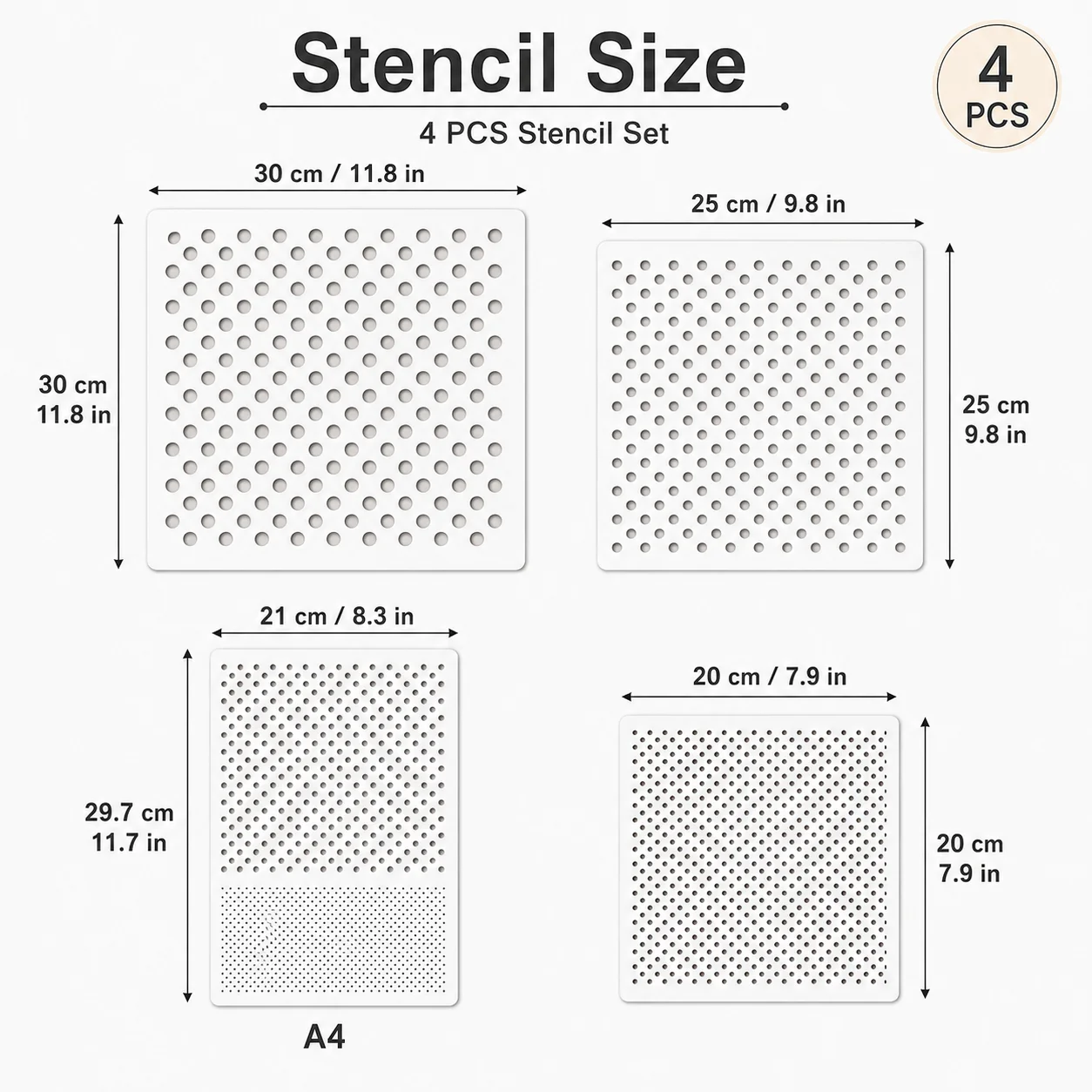 4PCS Dot Stencil Set A4 8.3 x 11.7 in, 7.9, 9.8, 11.8 in Reusable Painting Templates for DIY Wall Wood Fabric Decor