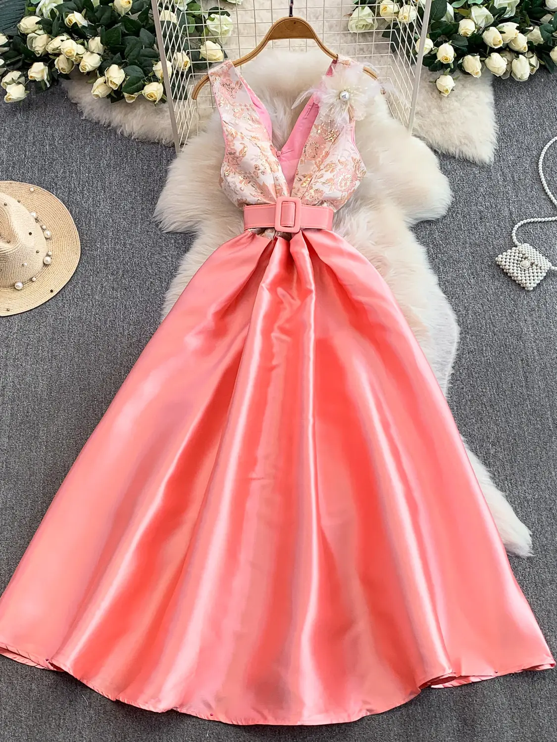 

Women Pink A-line Evening Dress Vintage Elegant Off Shoulder Luxury Party Dress for Women One Piece Frocks Summer Clothes 2026