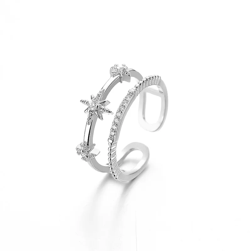 PANJBJ 925 Sterling Silber Vierzackiger Stern Glänzender Zirkon-Ring Hochwertiger Personalisierter Verstellbarer Schmuck – Detail 27