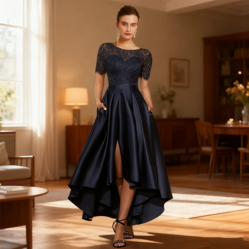 

Fashion Navy Blue Mother of Bride Dresses with Lace Satin Short Sleeve Zipper Back Wedding Party Gown New Vestido De Noche