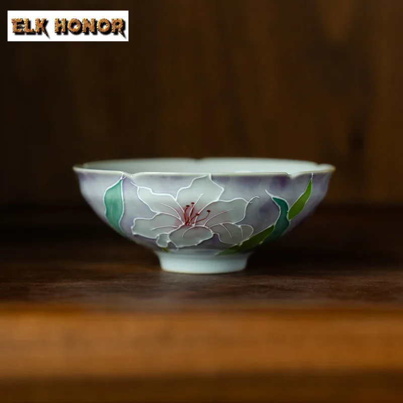 

90 мл туманная фиолетовая чистая ручная роспись чайная чашка с лилией, древняя чайная чаша, кувшин для воды, чашка для дегустации чая, чашка для запаха, чашки Chazhan Master, чайная посуда