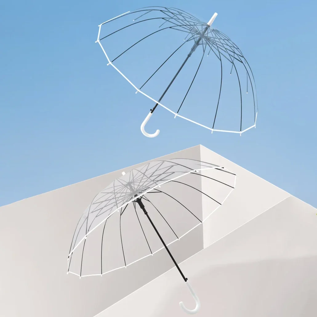 Transparent Umbrella Windproof Strong 16 Ribs Long Handle Rain Umbrella Woman Semi-automatic Big Umbrella Free Shipping