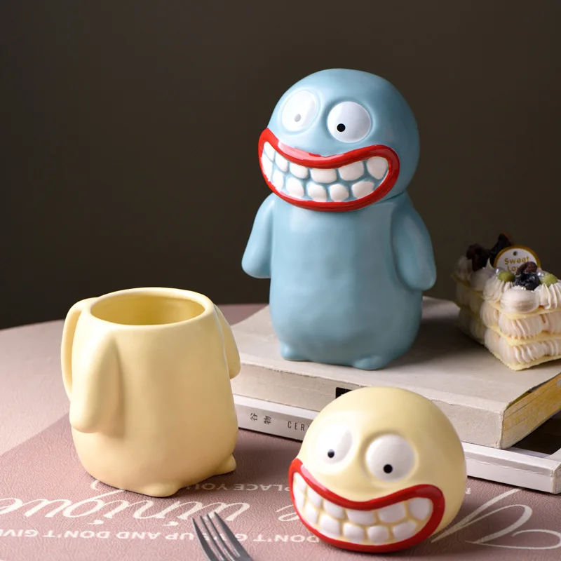 Large Capacity Ceramic Coffee Mug with Lid And Handle - Funny Grin Design Creative Smile Water Cup for Hot Beverages