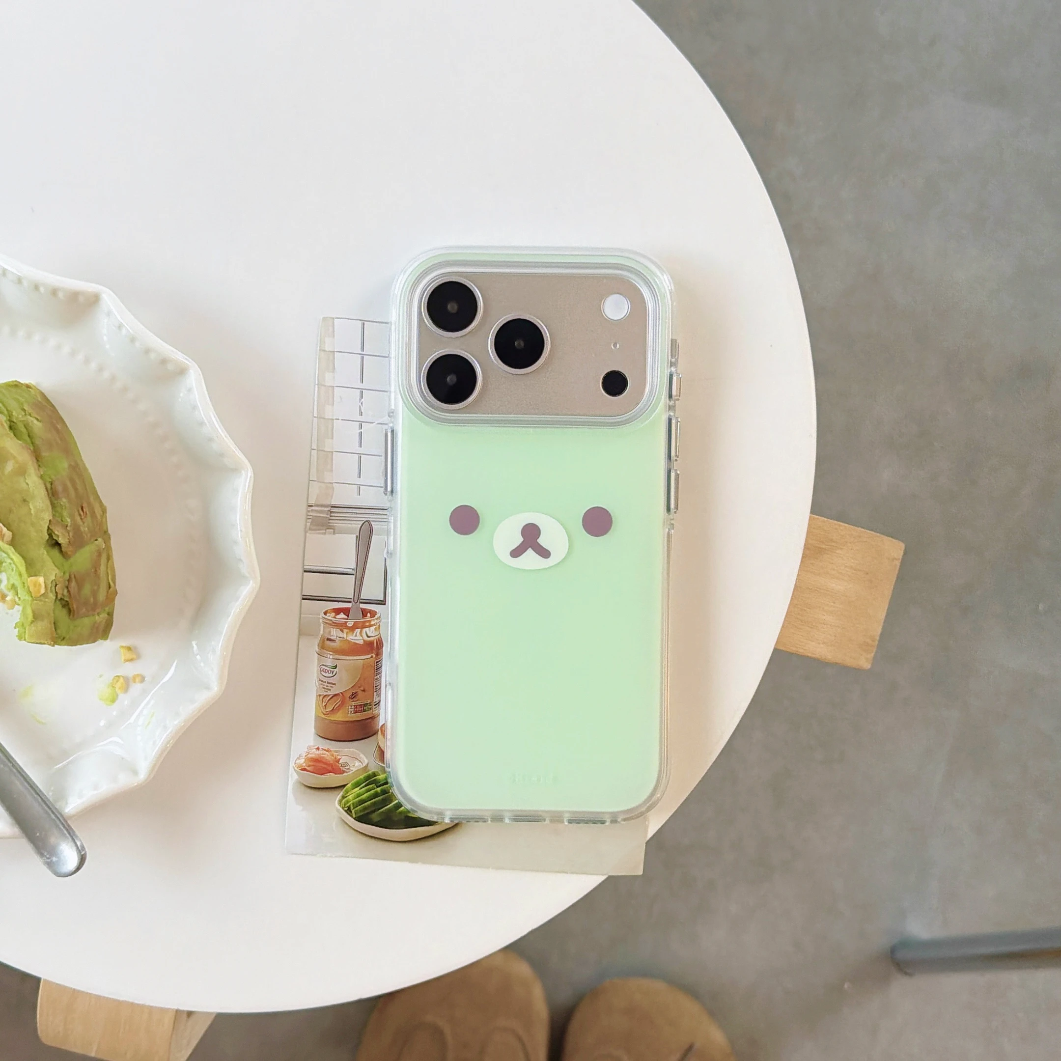 Trendy Clean Girl Bear Case For iPhone 15 16 17 ProMax Solid Light Green Semi-frosted Shell Double Frame Lens Bumper Cover