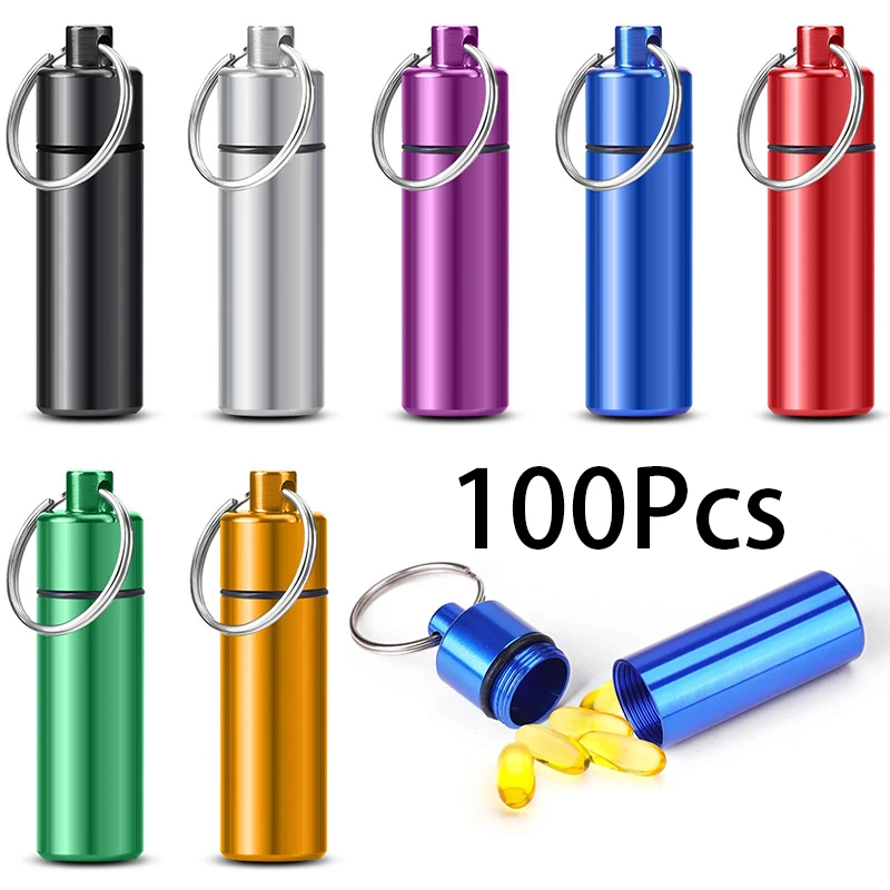 

100Pcs Portable Aluminum Pill Box Sealed Case Keychain Pocket Medicine Bottle for Outdoor Activities Camping Traveling