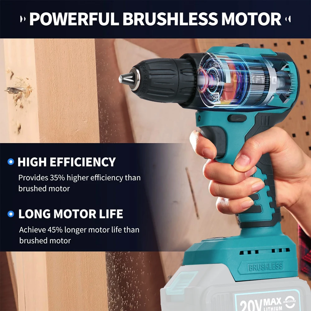 Electric Cordless Brushless Impact Drill Hammer Drill Screwdriver DIY Power Tool Rechargable Power Drill For Makita 18V Battery