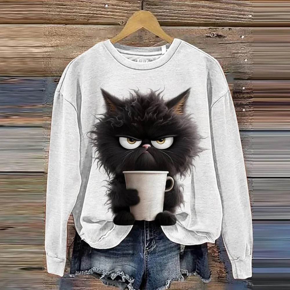 Autumn/Winter Women\'s Hoodie Teacup Cat Print Casual Long Sleeve Fashion Round Neck Top Oversized Woman Animals Pattern Clothing