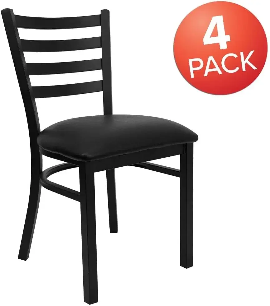 Furniture 4 Pk.  Black Ladder Back Metal Restaurant Chair - Black Vinyl Seat