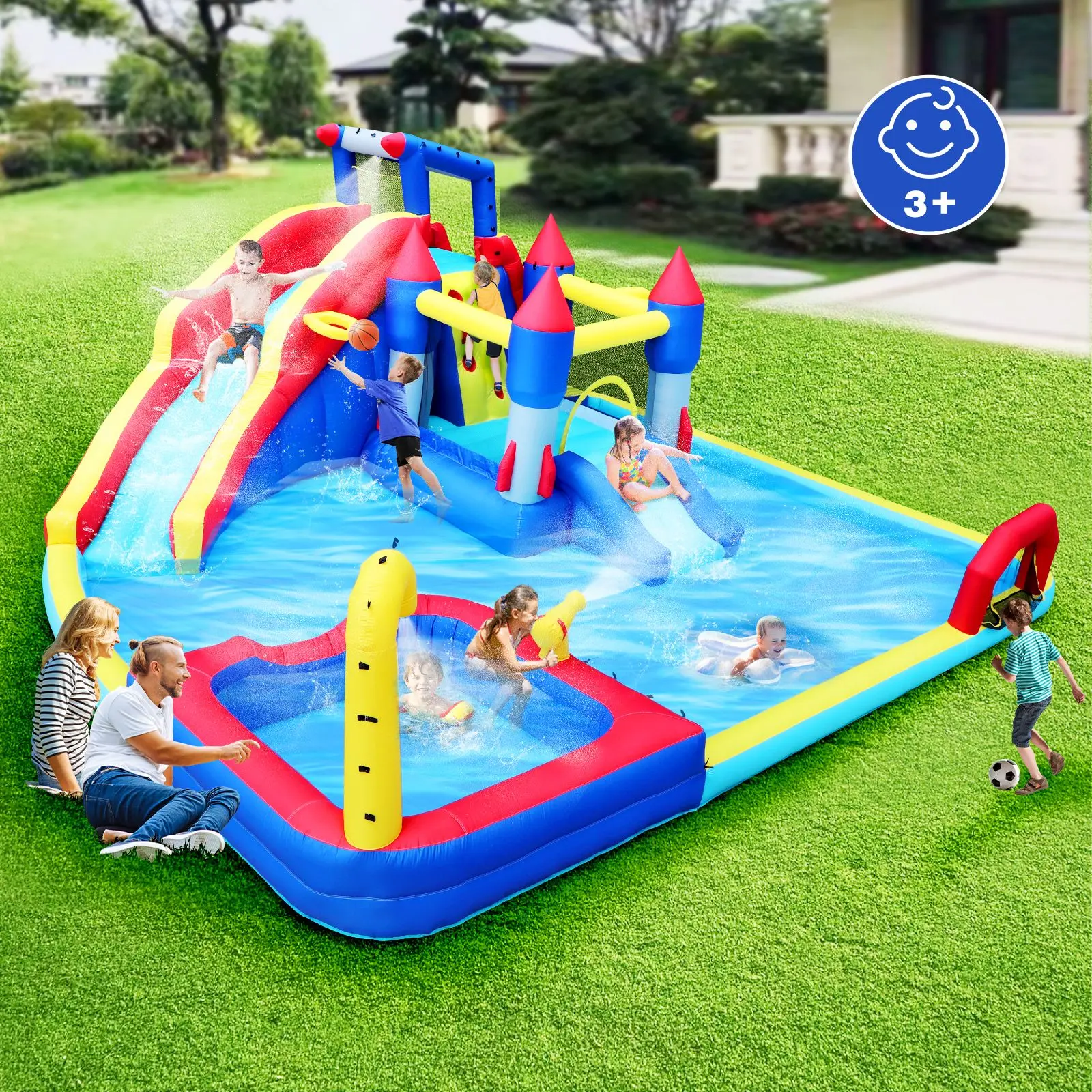 10 in1 Inflatable slide water park bouncing house garden with splash pool & water gun & basketball & climbing wall & dual pools